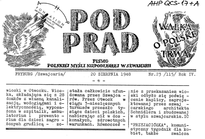 Pod prąd. Pismo polskiej myśli niepodległej w Szwajcarii, 20 sierpnia 1948