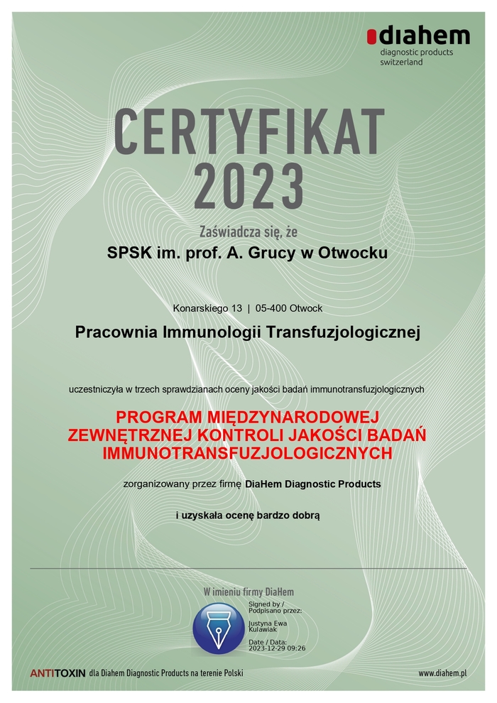 Certyfikat Pracowni Immunologii Transfuzjologicznej 2023 r.